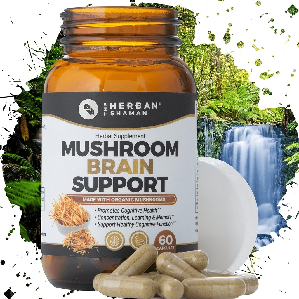Mushroom Supplement Hjernestøtte | Organic Lions Mane, Cordyceps, Ginkgo Leaf, Gotu Kola + Mer | Naturlig Herbal Supplement (60 kapsler)