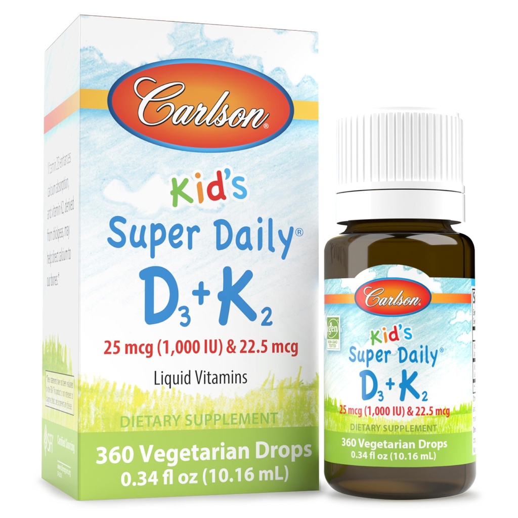 Carlson - Kids Super Daily D3 + K2, 25 mg (1 000 IU) D3 & 22,5 mg K2, Vitamin D dråper med vitamin K2, flytende vitaminer, 1000 IU Vitamin D3, hjerte og bein helse, 1-årers forsyning, uovertruffen, 360 Drops