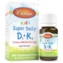 Carlson - Kids Super Daily D3 + K2, 25 mg (1 000 IU) D3 & 22,5 mg K2, Vitamin D dråper med vitamin K2, flytende vitaminer, 1000 IU Vitamin D3, hjerte og bein helse, 1-årers forsyning, uovertruffen, 360 Drops