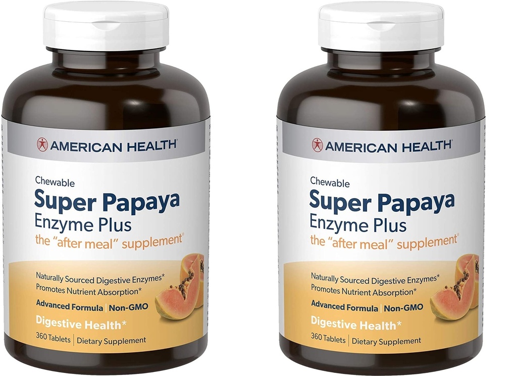 Amerikansk helse Enzymer Chewable Super Papaya Enzyme Plus 360 tabletter (pakke med 2)