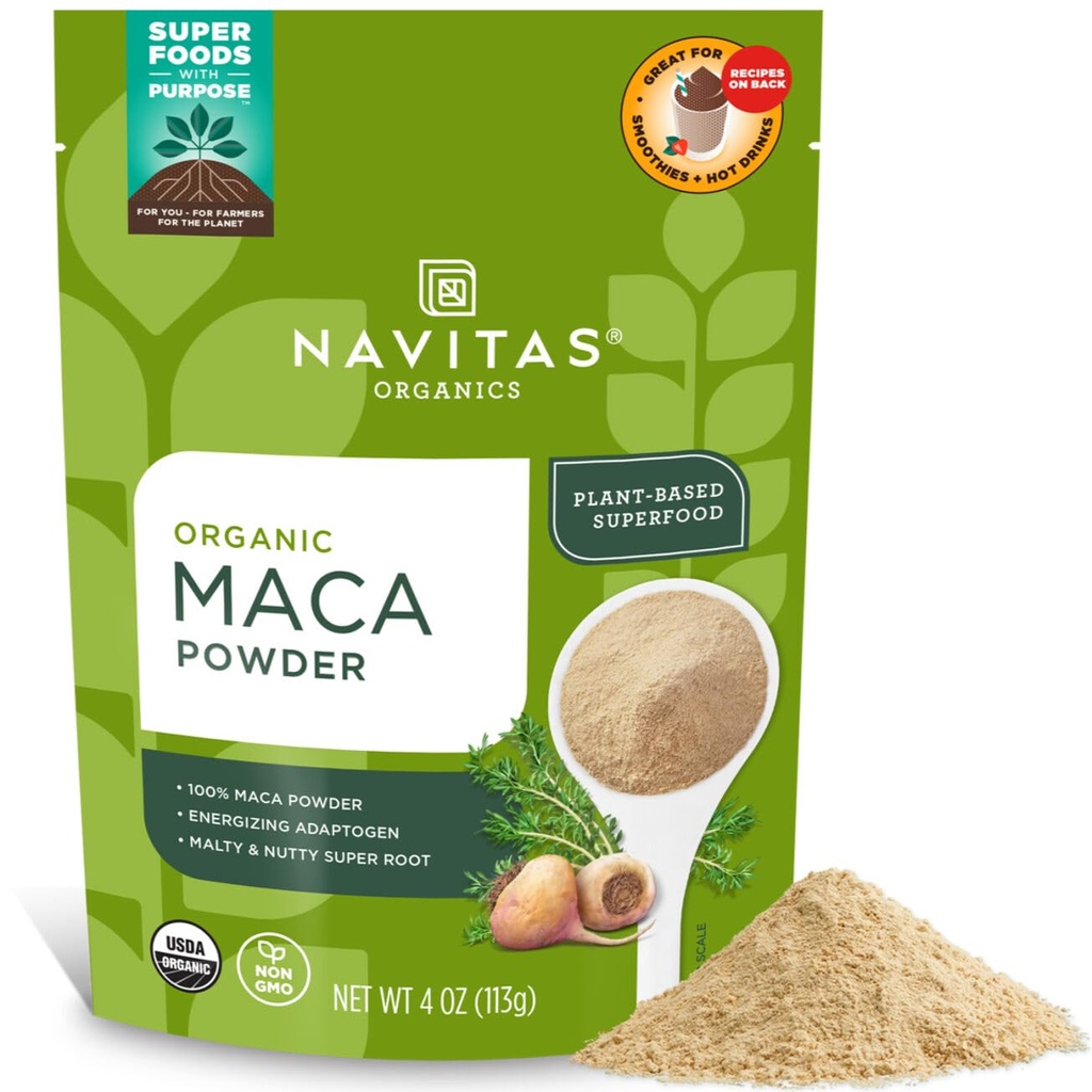 Navitas Organics Maca pulver – 100% Gelatinisert Peruan Maca for Adaptogen Smoothies, Lattes, Baking og mer – Energize & Balance - USDA Økologisk, Ikke GMO, Vegansk, Glutenfri (4oz. Veske, 23 Services)
