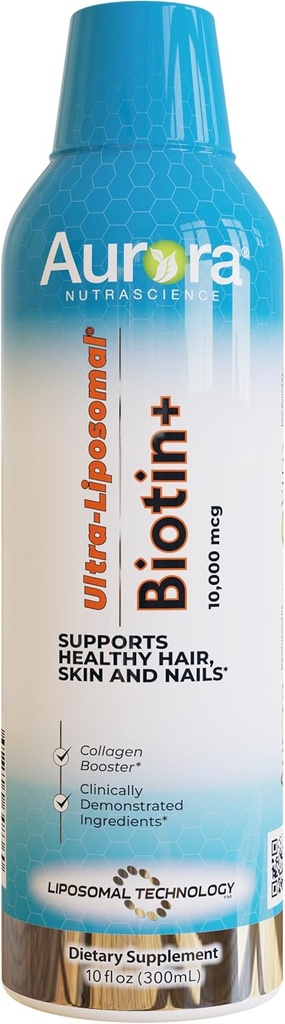 Aurora Nutrascience Ultra-Liposomal Biotin 10.000 mht. kollagen Booster Supplement, støtter sunnt hår, hud og negler, Caramel Flavor, 30 Services, 10 fl oz