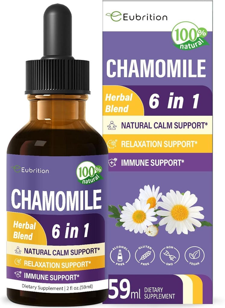 Kamille urt Extract Drops, Naturlig rolig Herbal Tinktur Supplement w/Passion Blomster, St. John's Wort, Lavender, Reishi, & Echinacea for avslappende støtte og immunstøtte. 2oz