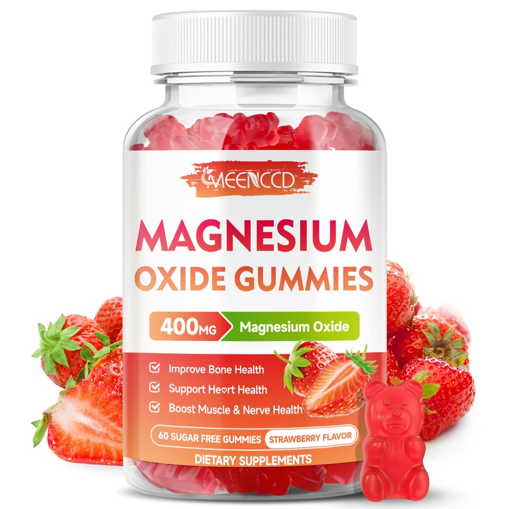 Magnesium Oxid Gummies 400mg, Chewable Magnesium Oxid Supplement for voksne og barn, Nerve & Muskel støtte, Ikke-GMO, Sukker-fri, Jordbær Flavor, 60 greve