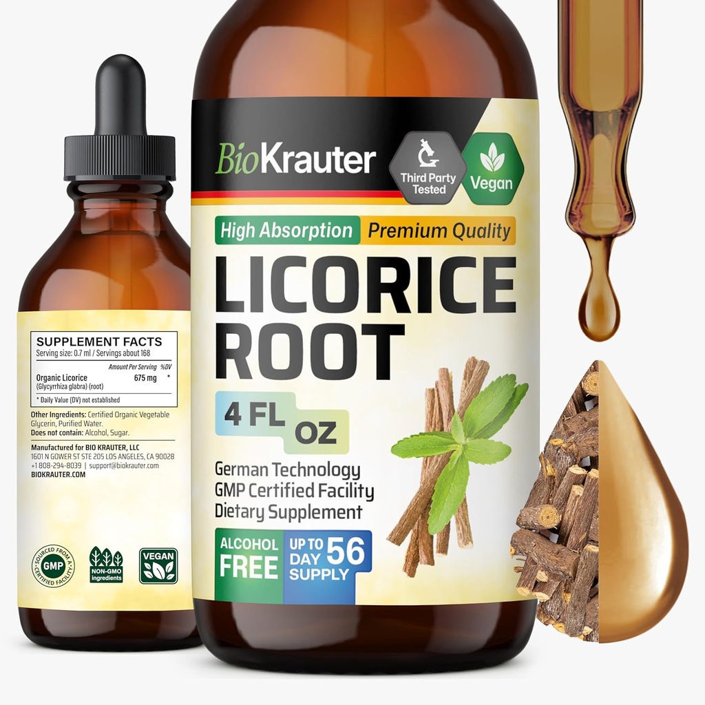 BIO KRAUTER Licorise Root Tinktur - Licorise Root Extract for Digestive Support - alkohol og sukker gratis - Vegansk Drops 4 Fl.Oz.