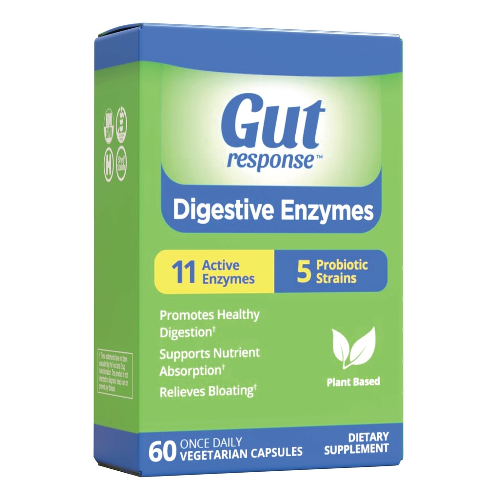 Digestive enzymer, digestiv støtte, lindrer blekende, 5 probiotiske strimler, 11 aktive enzymer, 60 kapsler