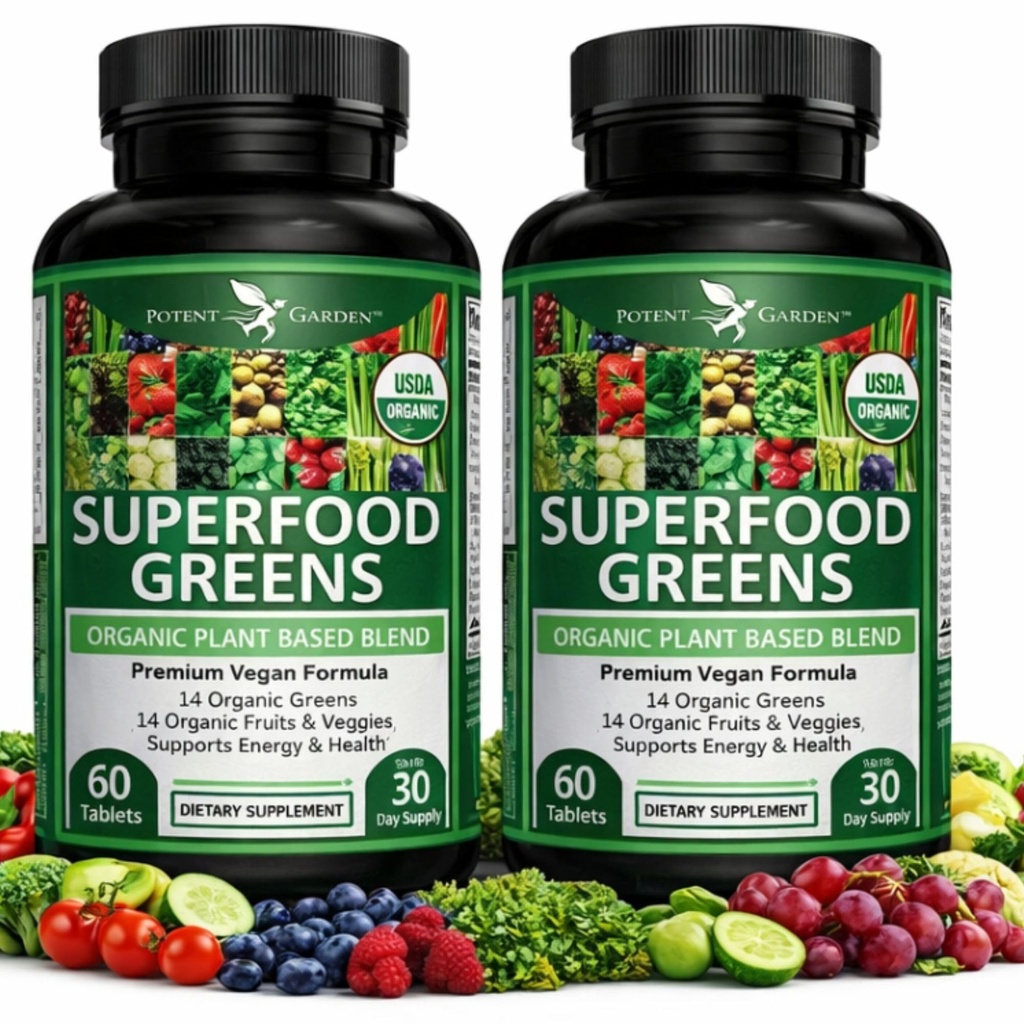Potent hage 2-Pack økologisk supermat Grønn, frukt og grønn Supplement rik på vitaminer og antioksidanter med Alfalfa, Beet Root & Tart Cherry å øke energi, immunitet og Gut helse, 120 Ct