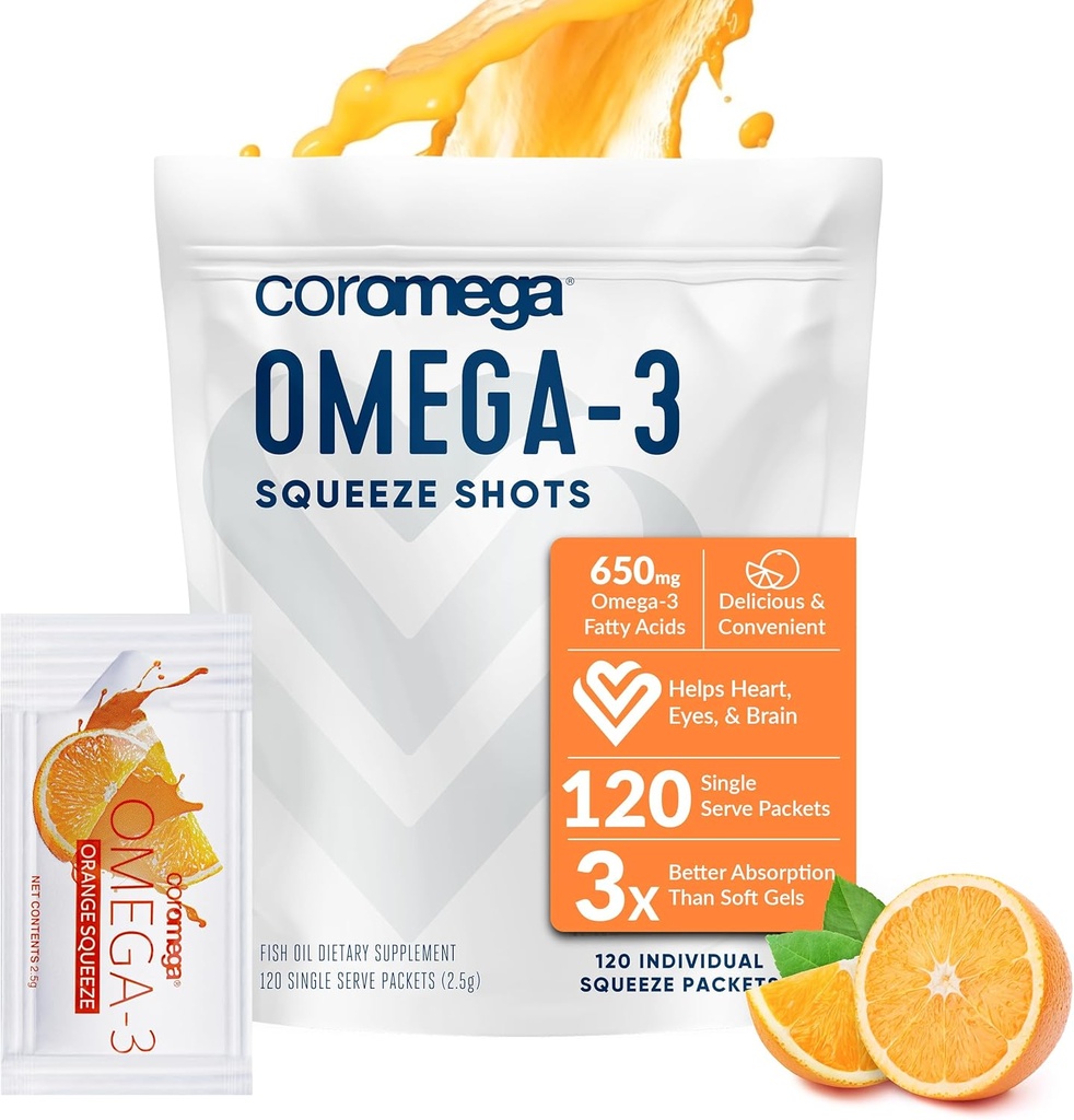 Coromega Omega 3 Fish Oil Supplement, 650 mg Omega-3s med 3X bedre absorpsjon enn Softgels, Orange Flavor, 120 Single Servere Squeeze Packets