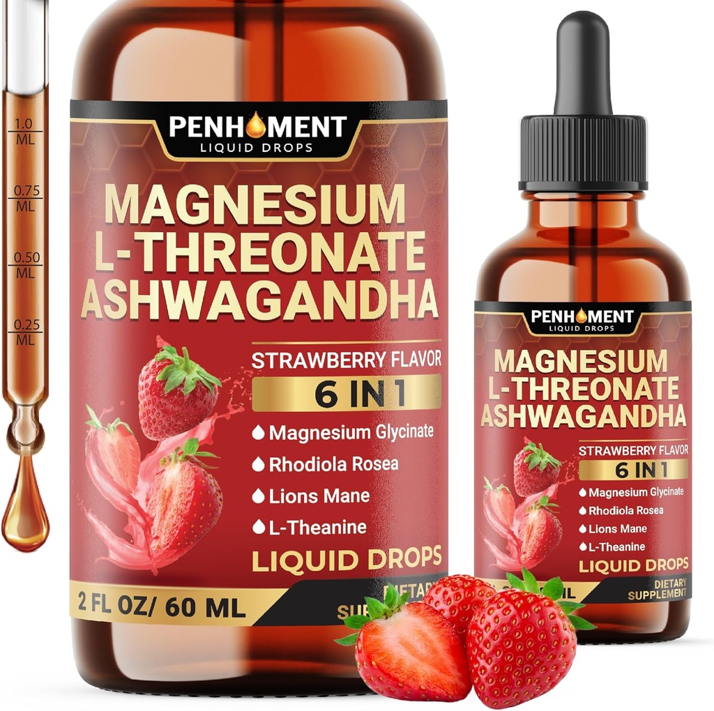 6in1 Magnesium L-treonate flytende dråper med Ashwagandha, Magnesium Glycinate og 3 Mer - Brain Support og Immune - 2 Fl Oz i 30 dager - Jordbær Flavor