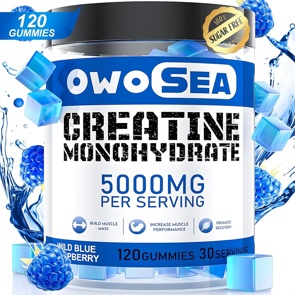 Kreatin Monohydrat Gummier for menn og kvinner 5000mg Kreatin Monohydrat per servering for muskel støtte energi øke 120 greve Chewable 5g Kreatin Supplement Sukker Gratis Vegan (1 pakke, blå bringebær)