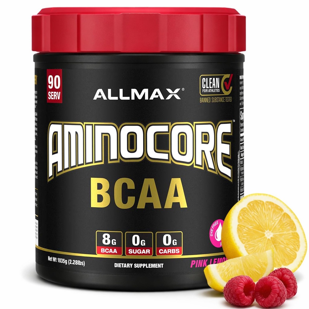 ALLMAX ernæring Aminocore BCAA, rosa sitronade - 945 g pulver - 8,18 gram grened kjede aminsyrer per servering - med B-vitaminer - Ingen fyllstoffer eller ikke-BCAA aminos - sukkerfri - 90 serveringer