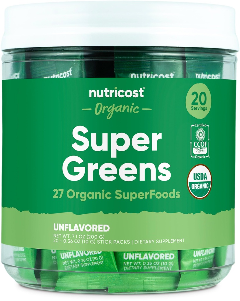 Nutricost Organic Super Greens (Uslavored) 20 Stickpacks - Glutenfri, Ikke-GMO
