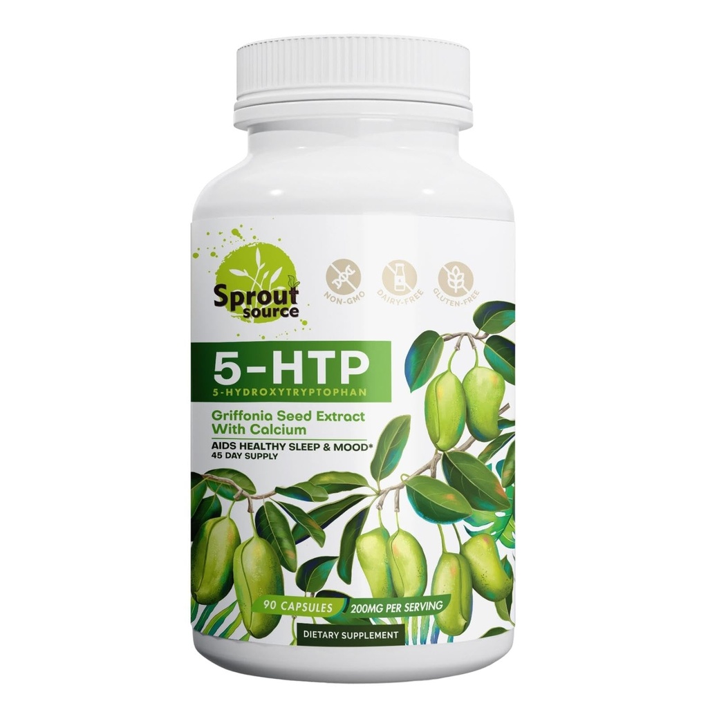 5-HTP Supplement 200mg, støtter sunn søvn og humør med kalsium – ikke-GMO, Glutenfri – 90 kapsler