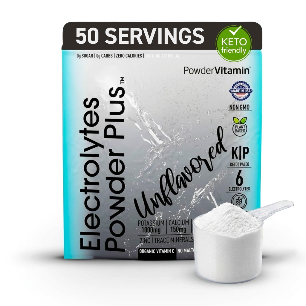 PowderVitamin Electrolytes pulver Plus (50 serveringer) Unflavored Electrolyte pulver keto, sukkerfri, rosa Himalayan salt., 1000 mg Kalium, 150 mg kalsium, 150 mg magnesium, NO Stevia