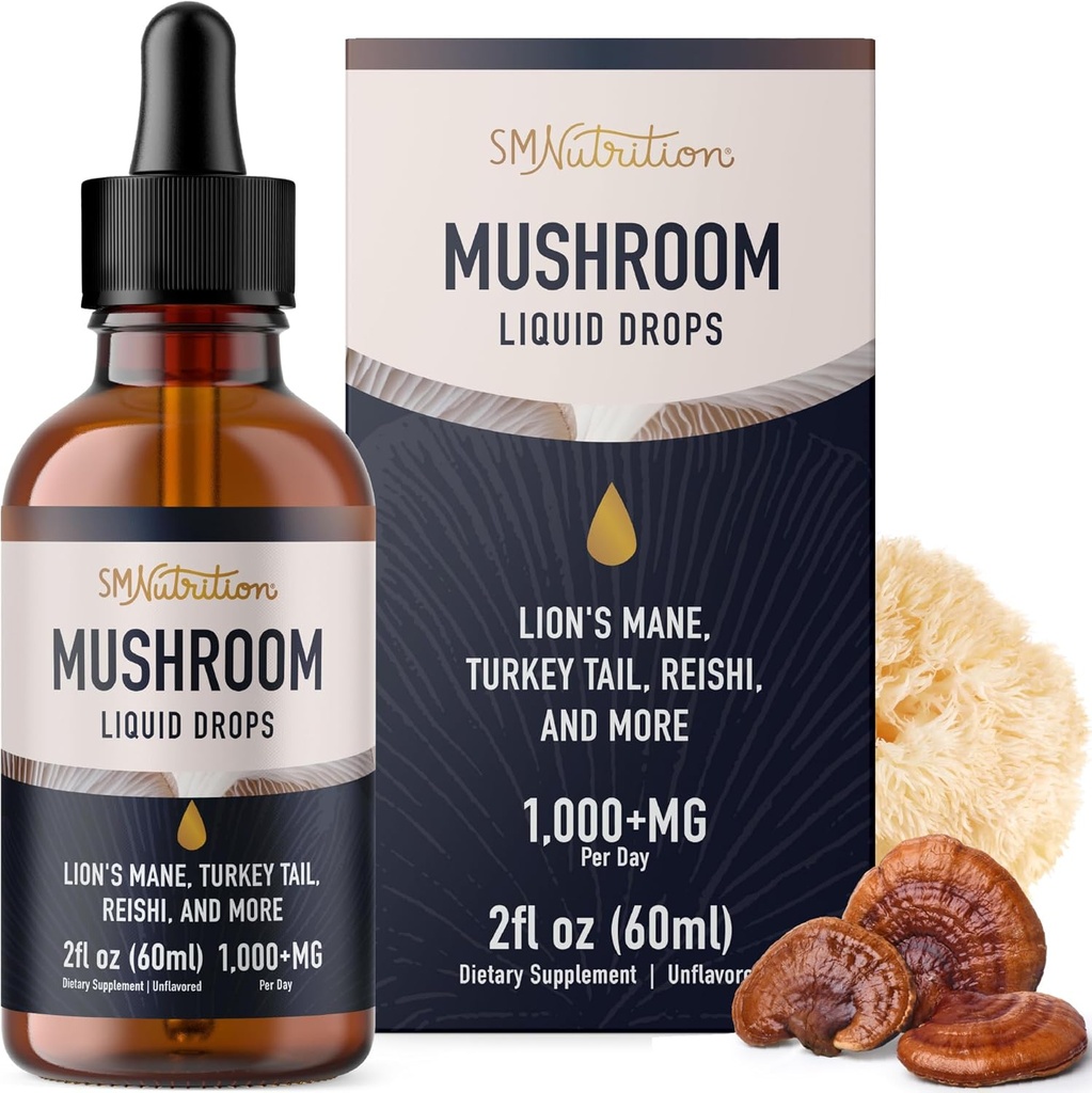Mushrooms Væskedråper Kompleks | Lions Mane Supplement med Tyrkia Tail Mushroom, Reishi, Shiitake og mer | Støtte Kognitiv funksjon, minne & fokus | Ikke-GMO, soya-fri | 2 Fl Oz, 60 Services