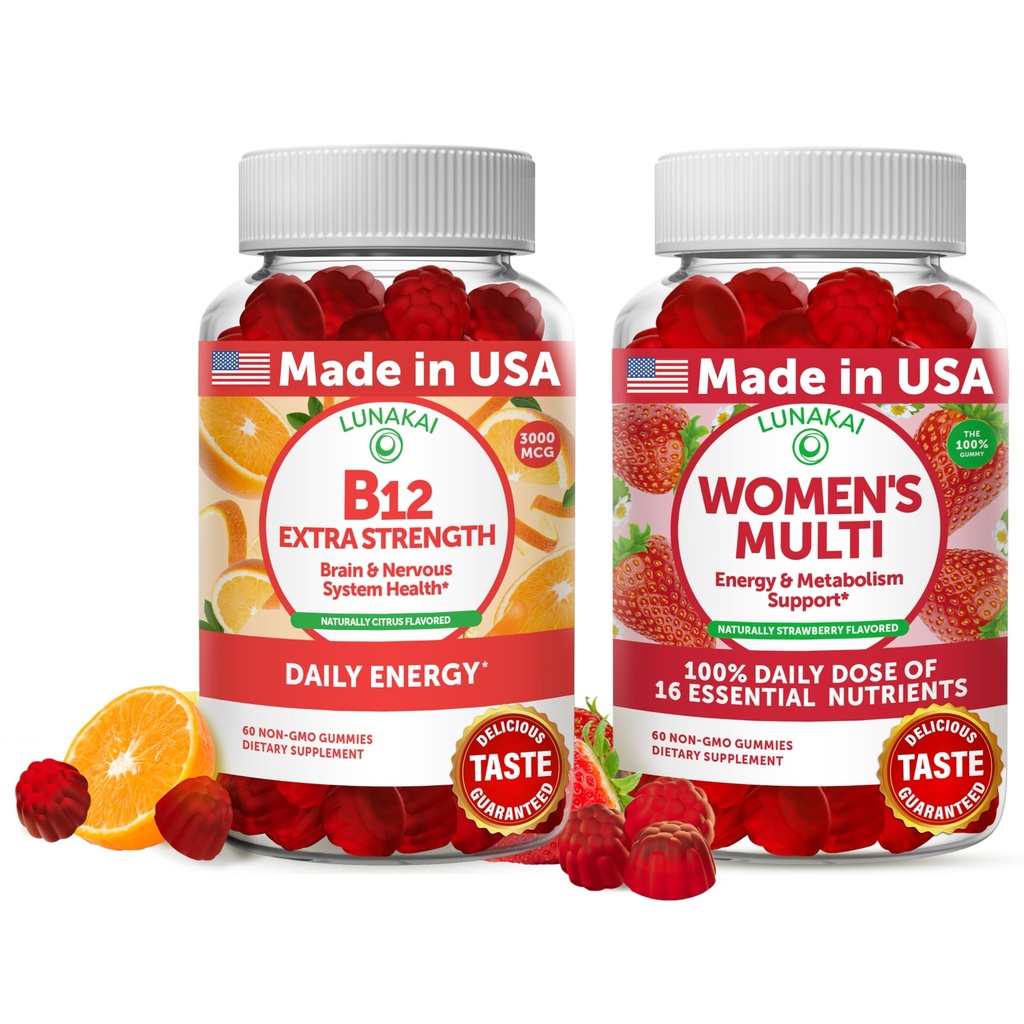 Lunakai vitamin B12 og kvinners multivitamin gummi Bundle - 3000mcg Metylcobalamin høy absorpsjon energi gummy - 100% daglig verdi av 16 essensielle vitaminer og mineraler Supplement - 30 dagers forsyning