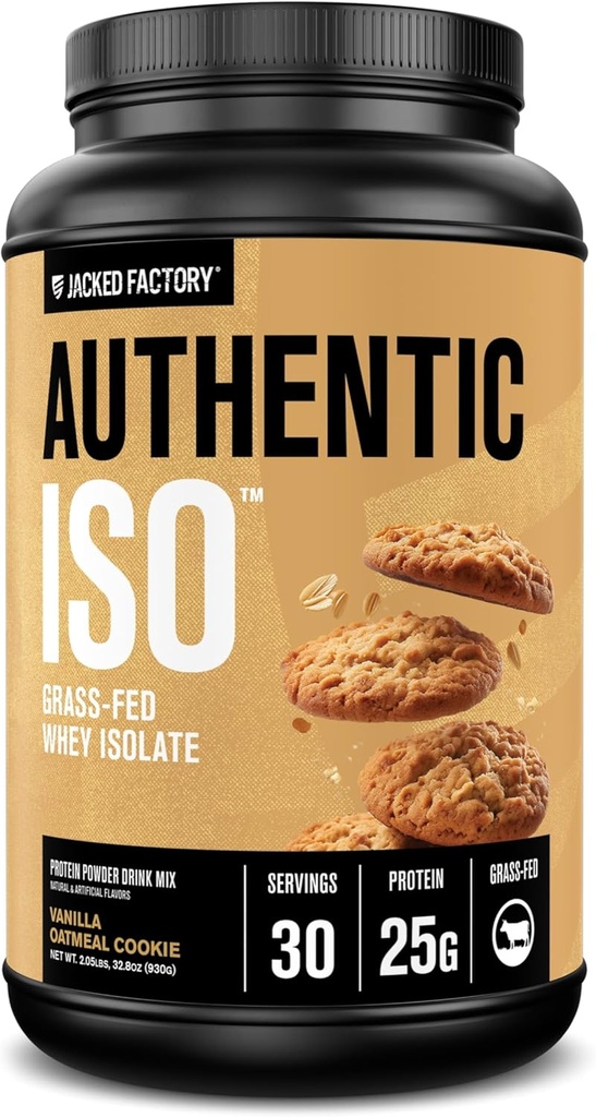 Jacked Factory Autentisk ISO Grass Fed Whey Protein Isolate pulver - Lav karbohydrater, Ikke-GMO Muscle Building Protein m/No Fillers, Post Trening Recovery, Vanilla Oatmeal informasjonskapsler