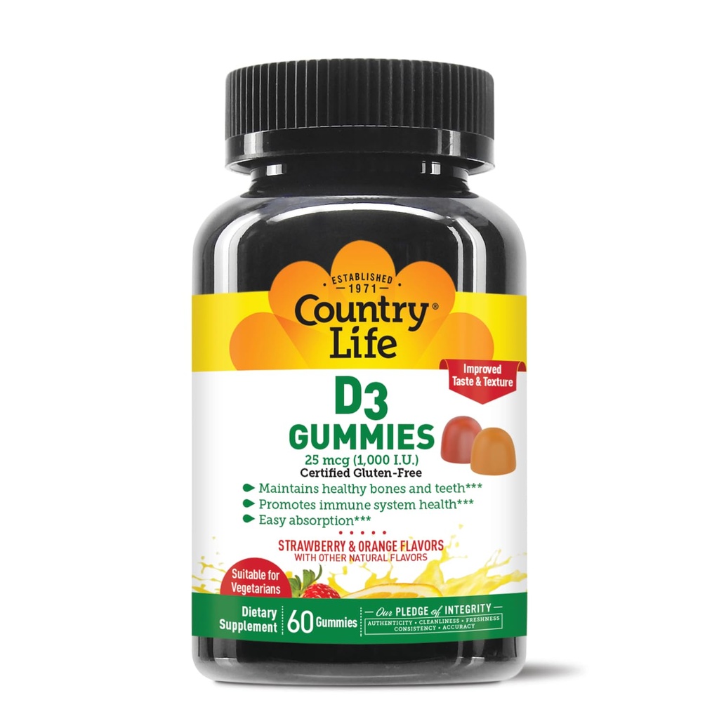 Country Life Vitamin D3 Gummies – 1000 IE Kolekalciferol, 60 greve – støtter Bone & Immune Helse – Vegetarisk, Glutenfri, Jordbær & Orange Flavors – Pektin-basert, Ingen kunstige søtstoffer