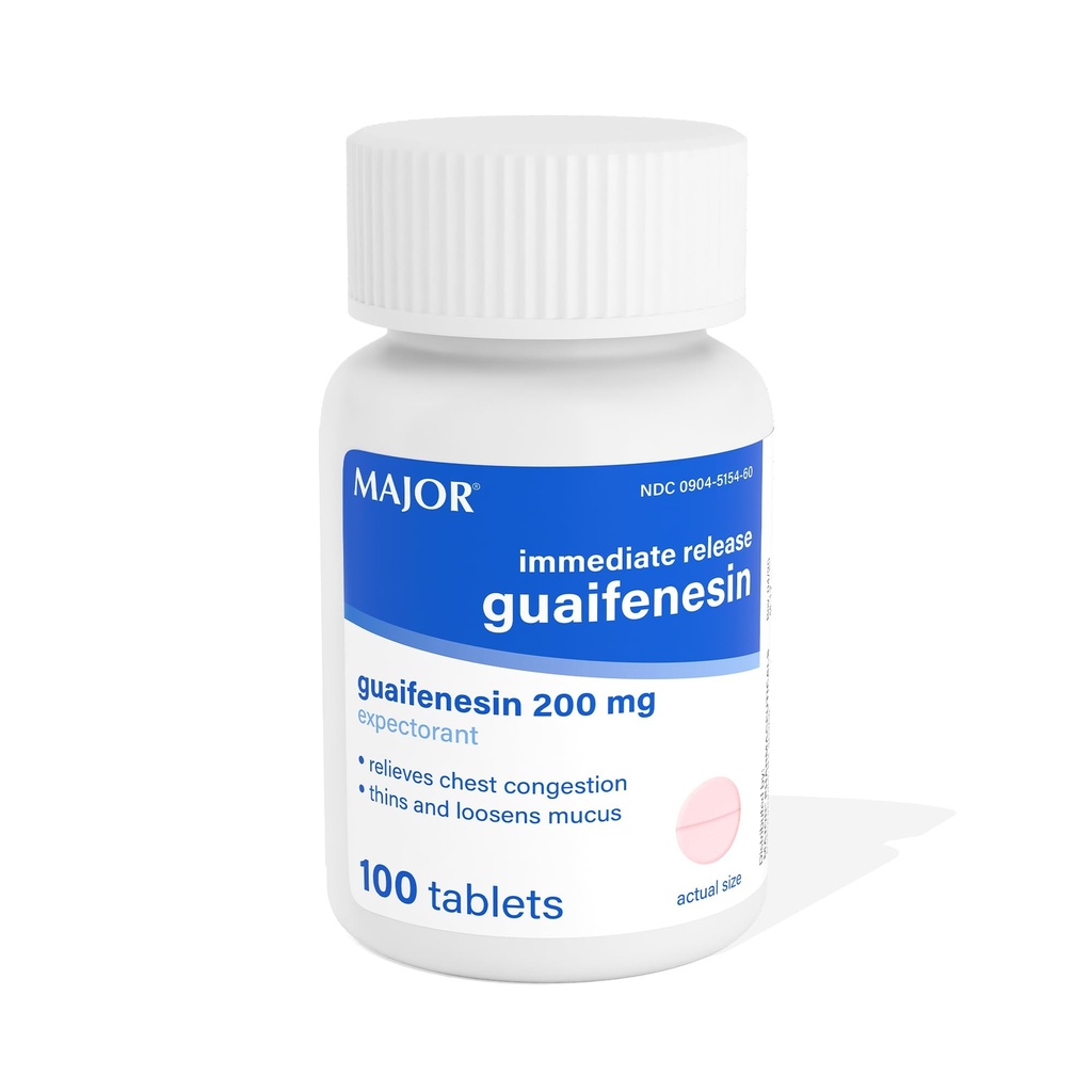 Major Instant Release Guaifenesin - Relieves Chest Congestion, Thins og Loosens Mucus - 200 mg - 100 tabletter