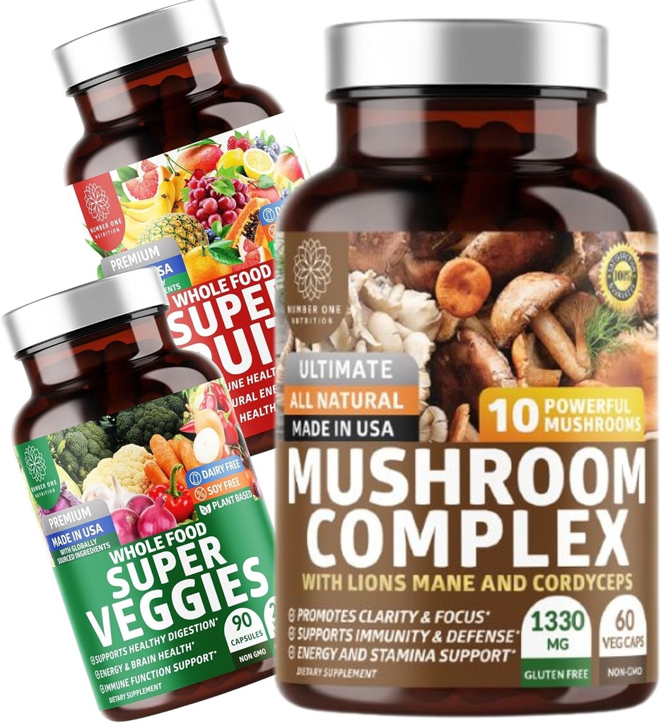 Nummer én ernæring N1N Premium Mushroom Complex [10 kraftige mushrooms] og super frukter og grønnsaker [40 hele frukt og grønnsaker], 2 pakke bunke