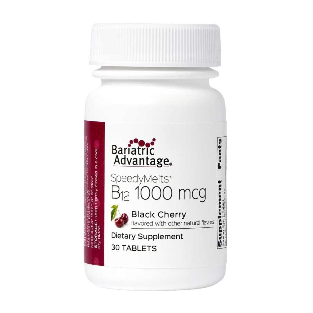 Bariatrisk fordel B-12 Speedy Smelter, Vitamin B12 1000 mhg Supplement, Fastsmelting med 200 mhg Folsyre for ernæringsmessig støtte - Svart Cherry, 30 teller
