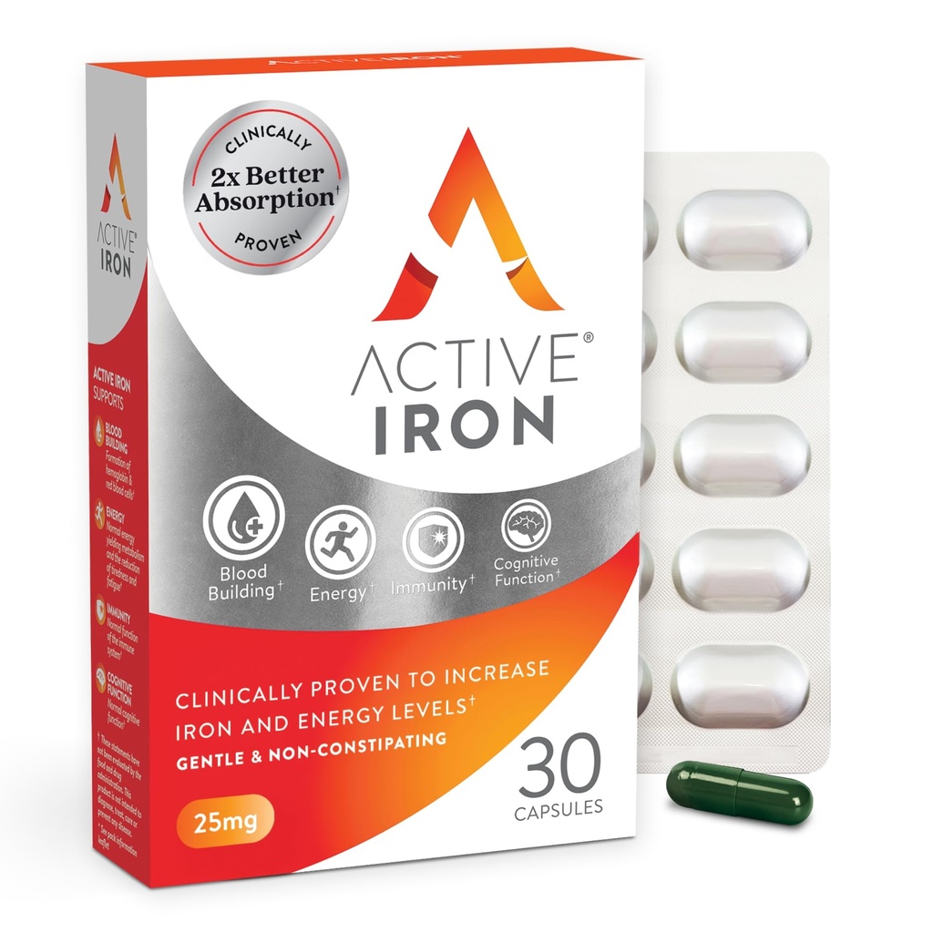Aktiv jern Supplement 25mg – klinisk bevist å øke jern og energi nivåer - Gentle, ikke-forstoppende, høyt fravær – 30 kapsler