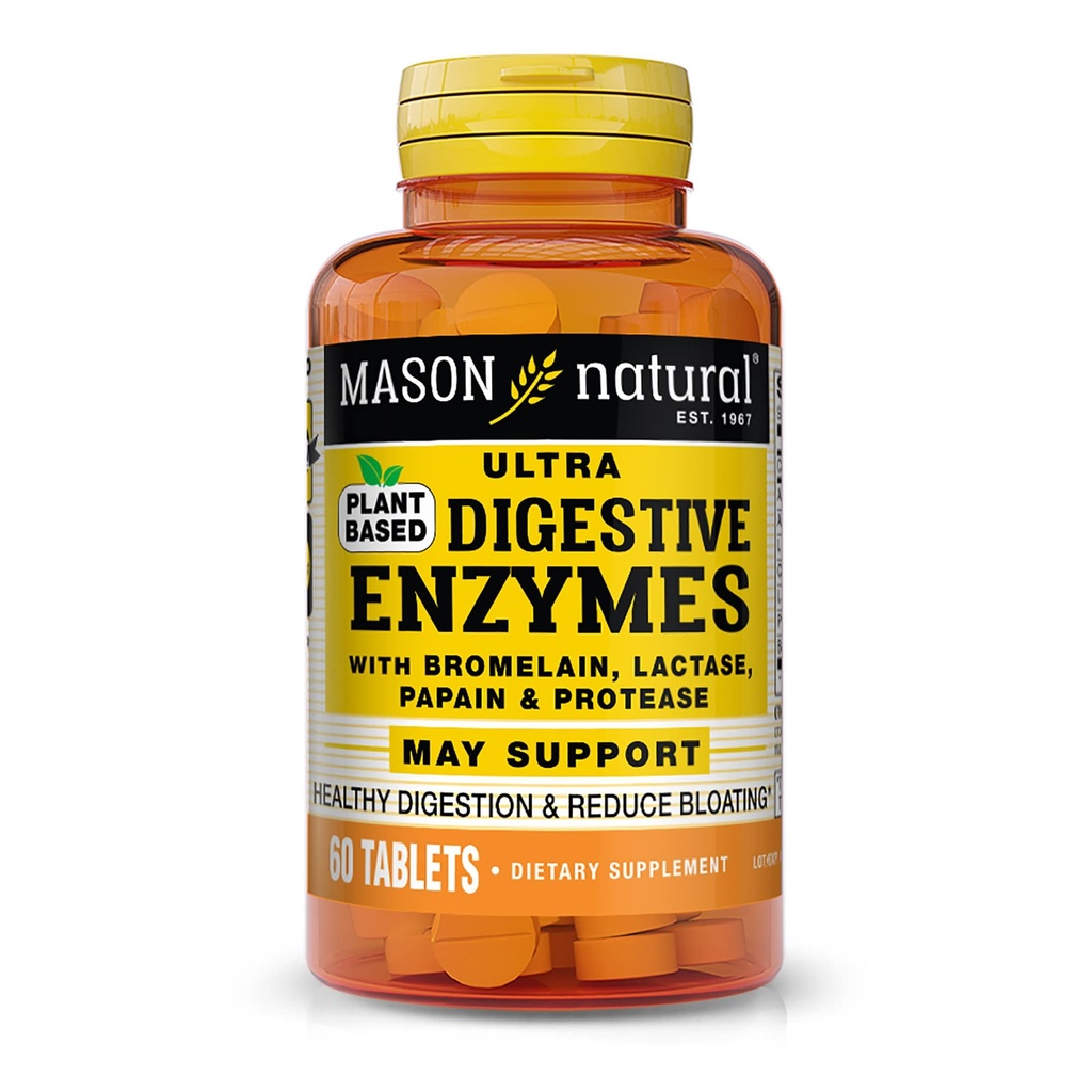 MASON NATURAL Plante Basert Ultra Digestive Enzymer med Bromelain, Lactase, Papain & Protease - støtter sunn digestion og kan redusere blooting, 60 kapsler