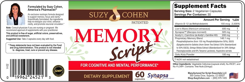 Suzy Cohen Memory Script med Lions Mane, Fosfatidyderin, Grønn Te Ekstrakt og Ginkgo - Brain Support Supplement for fokus - Nootropiske kapsler for kognisjon, raskere minne og humør