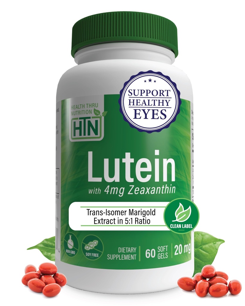 Lutein 20mg med Zeaxanthin 4mg 60 Softgels | All-Trans Marigold ekstrakt i naturen Identical 5:1 forholdet | Støtter sunne øyne, hud og hjerne | Ikke-GMO Soja & Glutenfri | ved Health Thru Nutrition