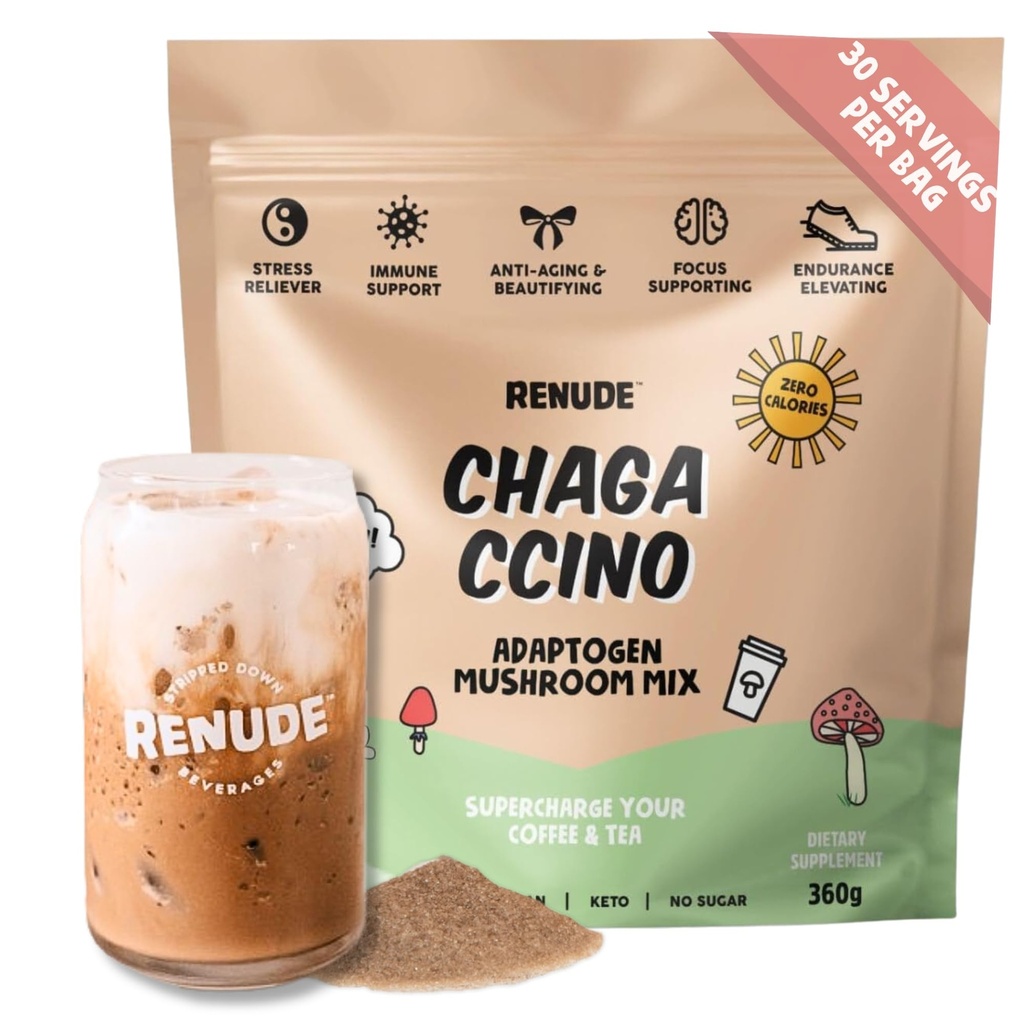Renude Chagaccino - Chaga Mushroom Powder, Mushroom kaffe drikk Blande med Adaptogens, Naturlig energi og immunstøtte, Vegan, Keto, Zero Calorie Mushroom Blande pulver - 30 Serveringer