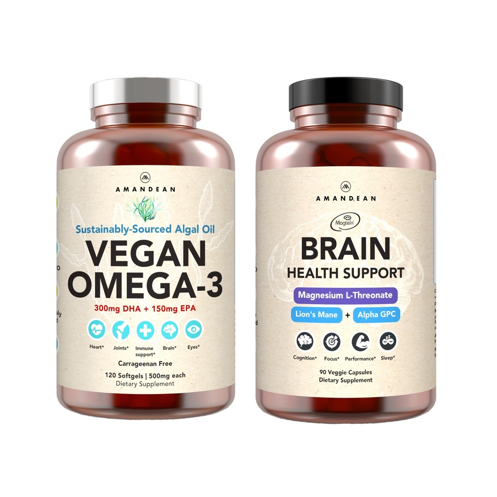 Amandean Hjerne & Vegan Omega-3 Bundle: Magnesium Threonat, USA-Grown Lion Mane 6: 1, Alpha-GPC & Algae DHA / EPA. Plantebaserte essensielle fetter for hjernen, øye, hjerte og hud helse. Fiskeoljealternativ.