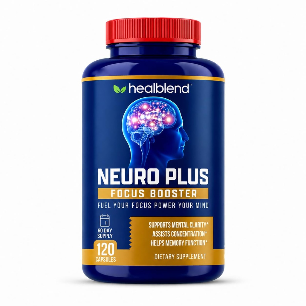 healblend Neuro Plus Focus Booster - Advanced Brain Support Supplement med vitamin B6, B12, Folat - Forbedrer minne, konsentrasjon, mental klarhet og kognitiv funksjon – 120 Kapsler
