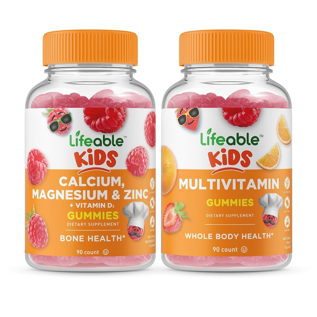Livbar Kalsium Magnesium & Sink Kids + Multivitamin Kids, Gummier Bundle - Stor Tasting, Vitamin Supplement, Glutenfri, GMO Gratis, Chewable Gummy