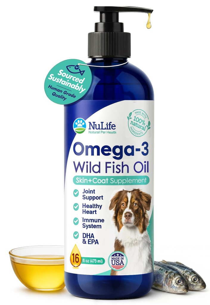 Liquid Fish Oil for hunder med Omega 3, 6 & 9 fettsyrer, Wild Caught fra Island, Hud og Coat Supplement for shedding, kløende hud, allergier, hjerne og hjerte helse, rik på EPA + DHA - 16 oz