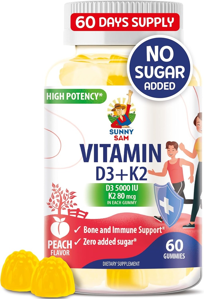 Sugar-fri vitamin D3 K2 Gummies 5000 IU - Immun & Bein støtte Gummies - vitamin D Gummy Supplement for voksne - høyabsorpsjon, Vegan, Halal, Glutenfri Chewable vitaminer