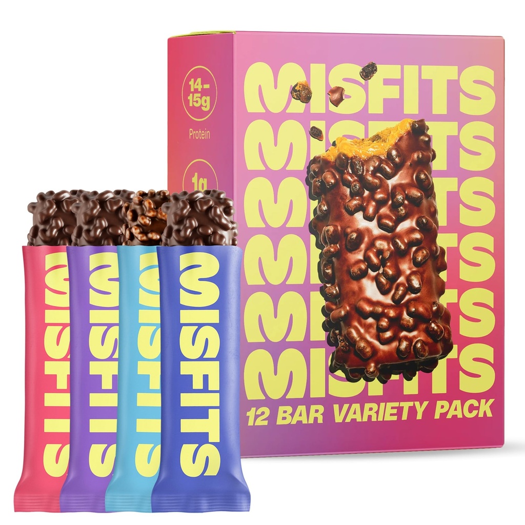 Disfits Protein Bars - høy protein Candy Bars Glutenfri plante Basert, lav sukker og karbohydrater, høy fibersnacks | Variety Pack med 12 (4 Flavors)