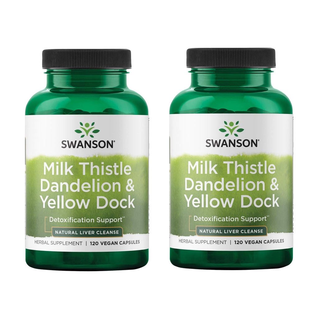 Swanson Milk Thistle, Dandelion & Yellow Dock - Herbal Liver Support Supplement - Naturlig kosttilskudd som hjelper å opprettholde total helse og velvære - (120 kapsler) (2 pakke)