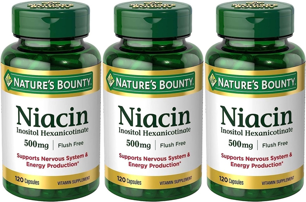 Sett med 3 Naturens Bounty Niacin Flush Gratis 500 mg, 120 kapsler av Maven Gaver