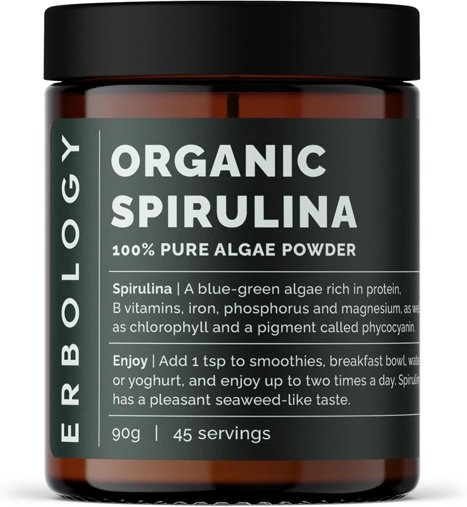 Erbologi Organic Spirulina Powder 3.2 oz - 45 Serveringer - Utviklet i Portugal - Energi og immunitetsstøtte - rik på klorofyll, B vitaminer, jern og fosfor - Vegan - GMO-fri