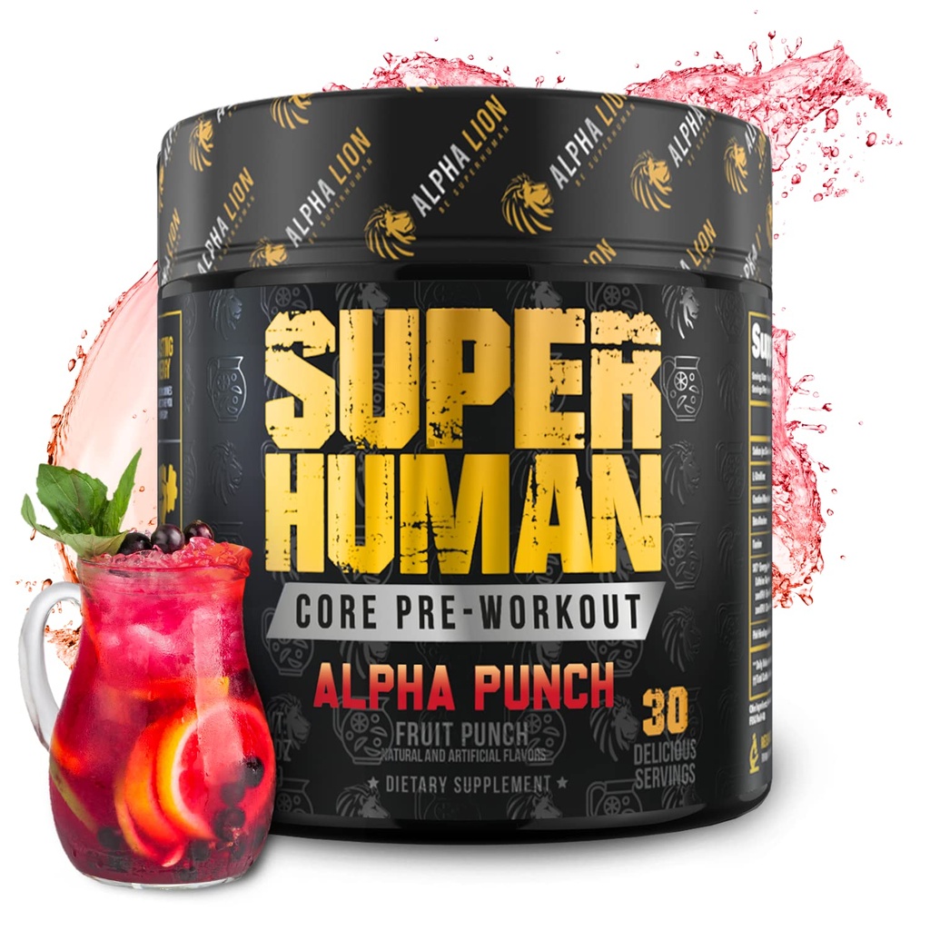 ALPHA LION Core Pre Trening pulver med kreatin for ytelse, Beta Alanine for muskel, L-Citrullin for pumpe og tri-kilde koffein for respondert energi (30 serveringer, fruktpunch flavor)