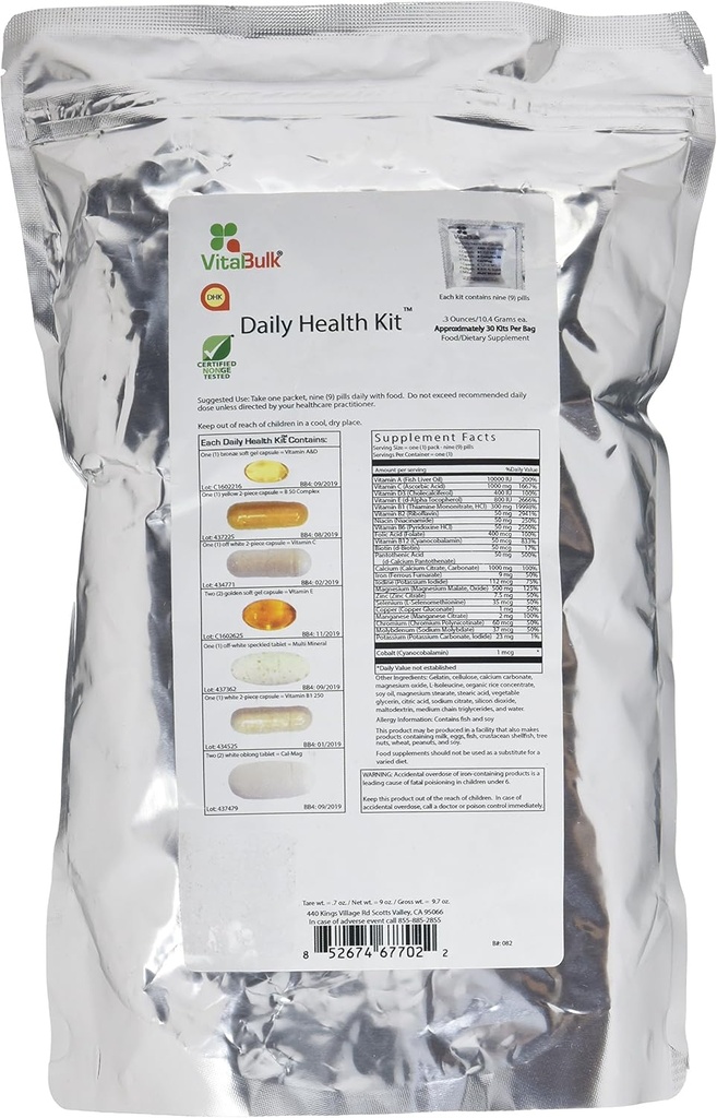 Vital bulk daglig helse Kit pakke Multivitaminer og mineral 30 greve boks - Multivitamin for menn og kvinner - inneholder vitamin C 1000mg A D E K B kompleks B12 jern kalsium og kalsium Supplement
