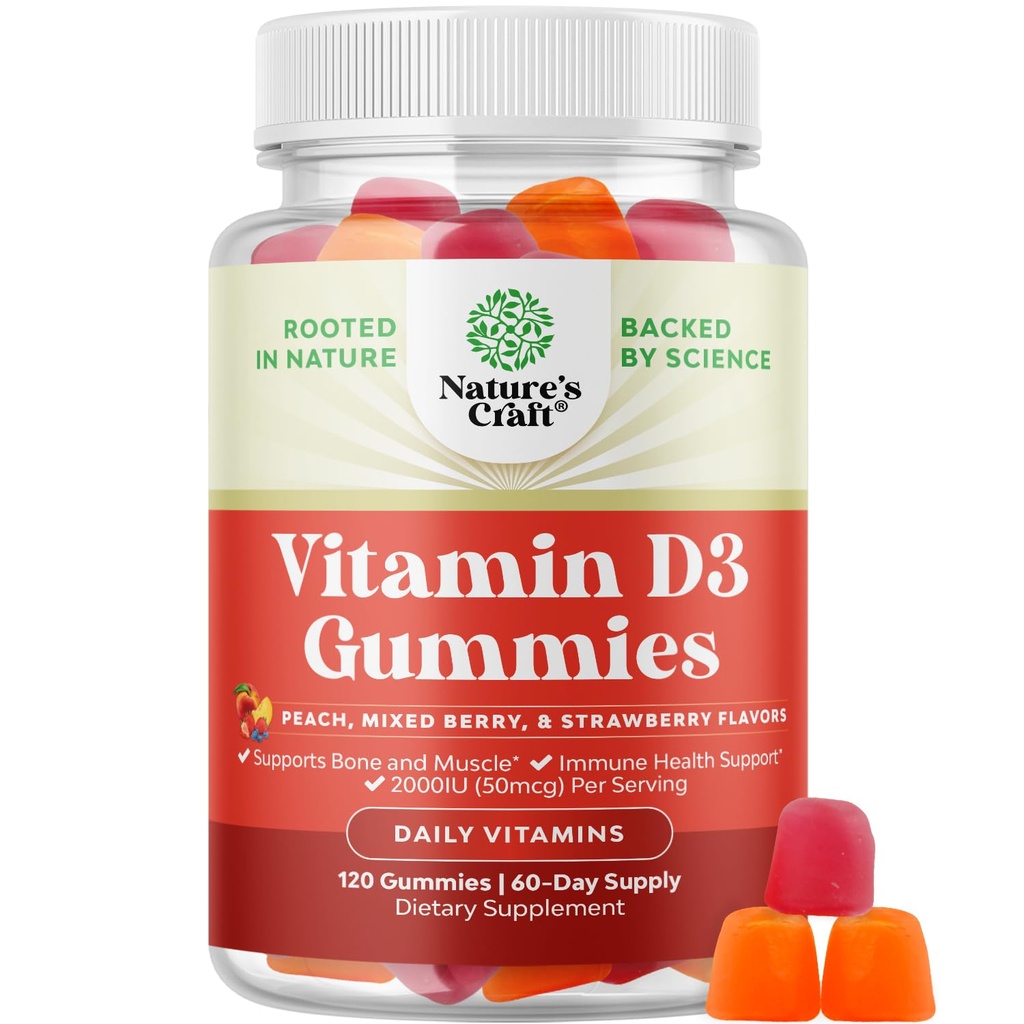 Natures Craft Vitamin D3 Gummies for daglig velvære - Delicious Vitamin D Gummies for voksne med D3 2000IU per servering Bone Muskel & Immune Support - Ikke-GMO Gelatin & Glutenfri (60 dagers forsyning)