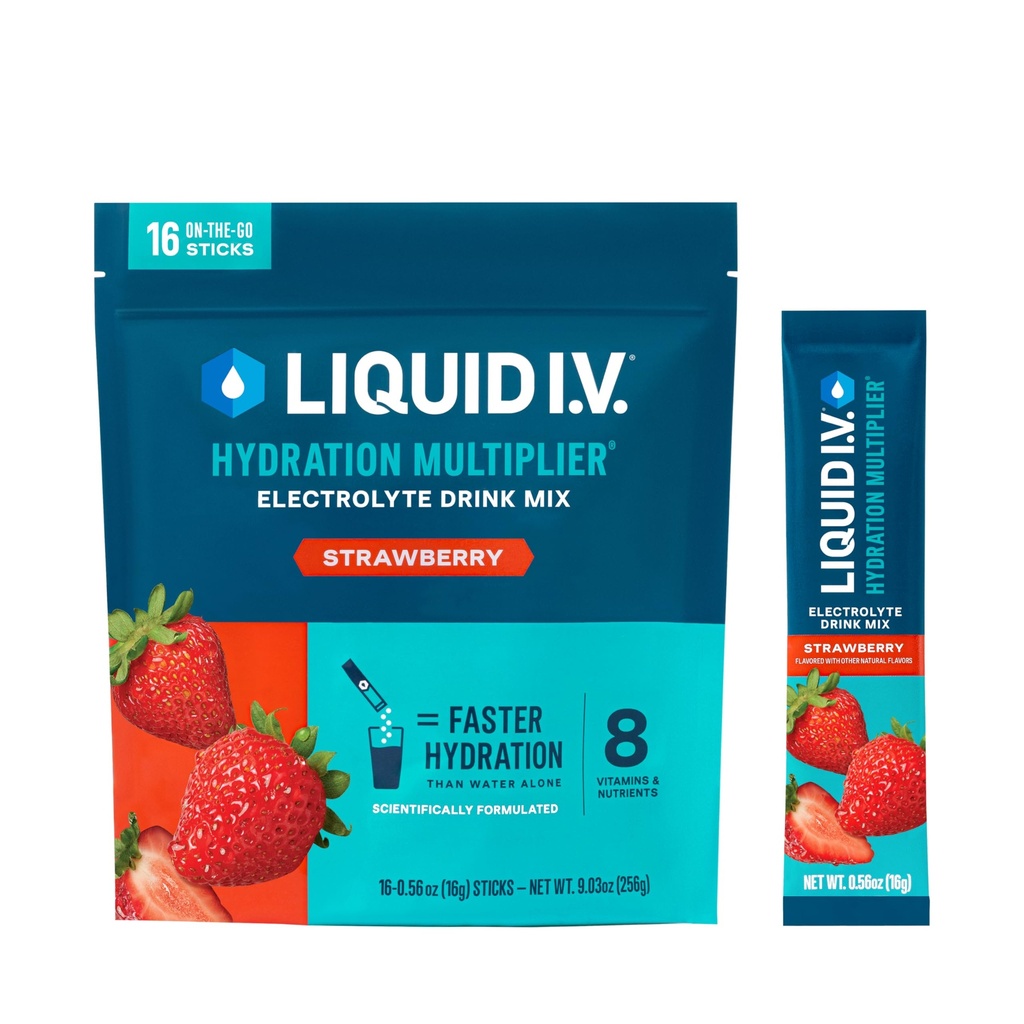 Væske I.V.® Hydration Multiplier - Electrolyte pulverdrikkblanding | 12 Pack (192 Serveringer) (12 Pack (192 Serveringer), Jordbær)