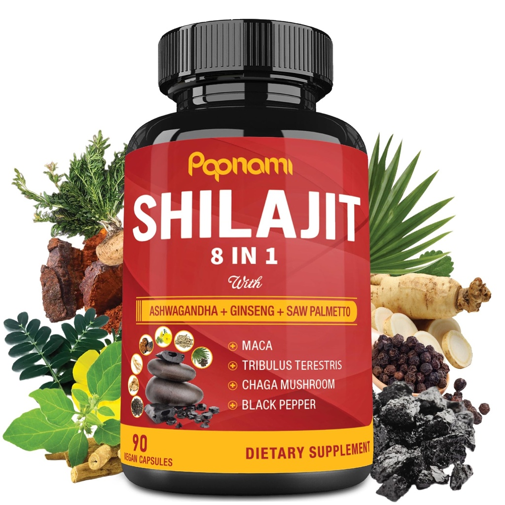 Shilajit Himalaya Capsules - 3 måneders forsyning - Kombinert Ashwagandha, Ginseng, Saw Palmetto, Maca, Tribulus, Chaga, Svart Pepper
