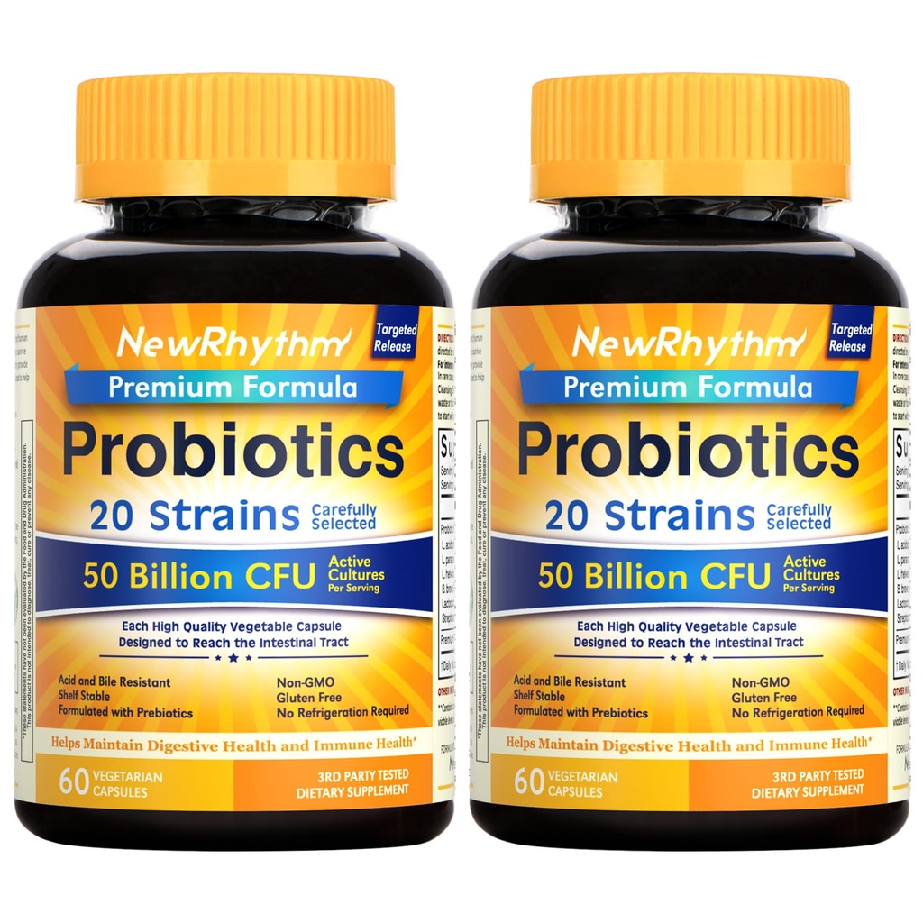 NewRhythm Probiotics 50 milliarder CFU 20 Strains, 120 Veggie kapsler, målrettet frigivelsesteknologi, magesyre motstandsmiddel, Ingen behov for kjøleskap, ikke-GMO, Glutenfri