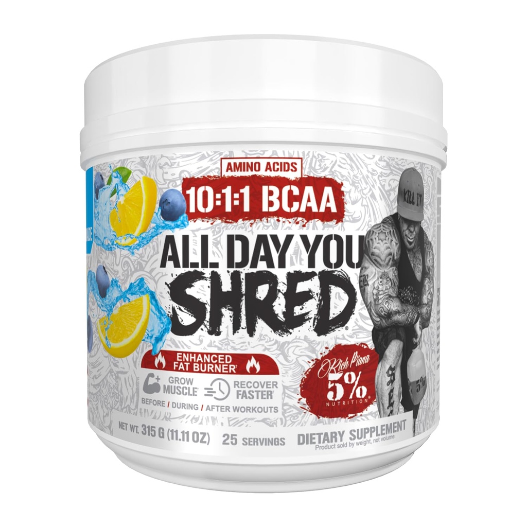 5% ernæringsrik Piana alldayYou Shred BCAA pulver | Aminosyre Supplement for vekttap | Elite fettforbrenning pre trening for energi, hydrasjon, utholdenhet og gjenoppretting (Blueberry Lemonade)