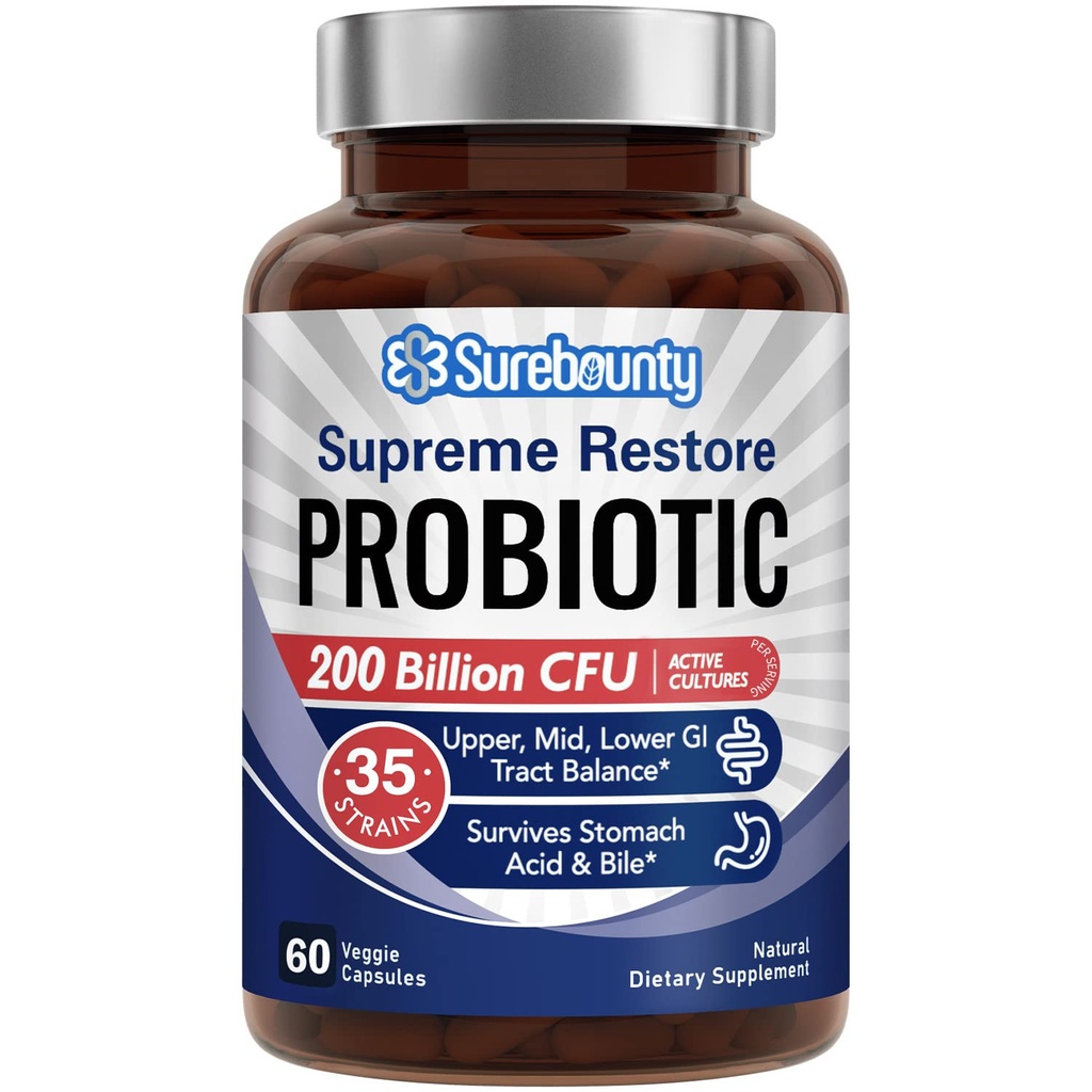 Probiotika for menn og kvinner, 200 milliarder CFU 35 Strains, Prebiotika + Digestive Enzymer, Supreme Restore Probiotic Supplement, Øvre, Midt, Nedre GI Tract Balance, 60 Veggie Capsules, 1 måned