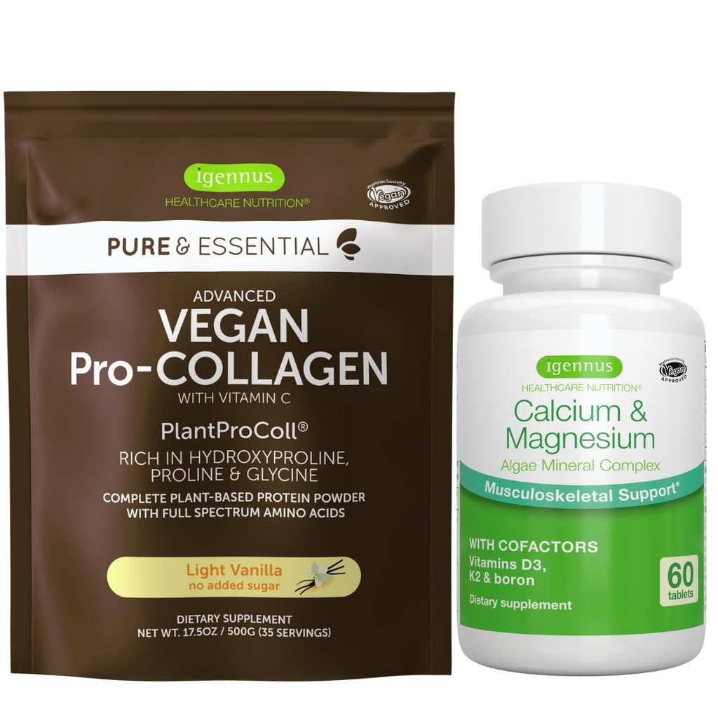 Vegan Vanilla Collagen Protein pulver + kalsium og magnesium kompleks bunke, omfattende bein støtte, av Igennus