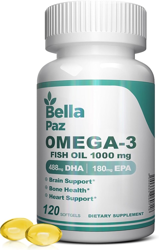 Omega 3 FishOil Supplements - 1000mg Fish Oil 788 mg Omega-3 fettsyre Burpless, 488 DHA & 180 EPA for muskel bein hjerne støtte og helse, kosttilskudd for menn og kvinner, 120 Softgels
