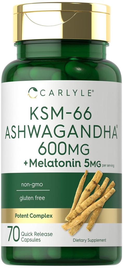 Carlyle KSM-66 Ashwagandha Kapsler 600 mg | 70 greve | med Melatonin 5 mg | Potent Complex | Ikke-GMO, Glutenfri
